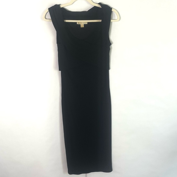 Michael Kors off shoulder ribbed midi bodycon black party cocktail dress Size M - Picture 2 of 15